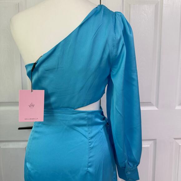 Hello Molly New Women's Blue Satin One Shoulder Cut Out Mini Dress Size 4 - Picture 11 of 14